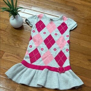 Gymboree Pink and Gray Argyle Dress with Floral Accents